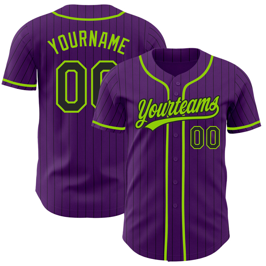 Custom Purple Black Pinstripe-Neon Green Authentic Baseball Jersey