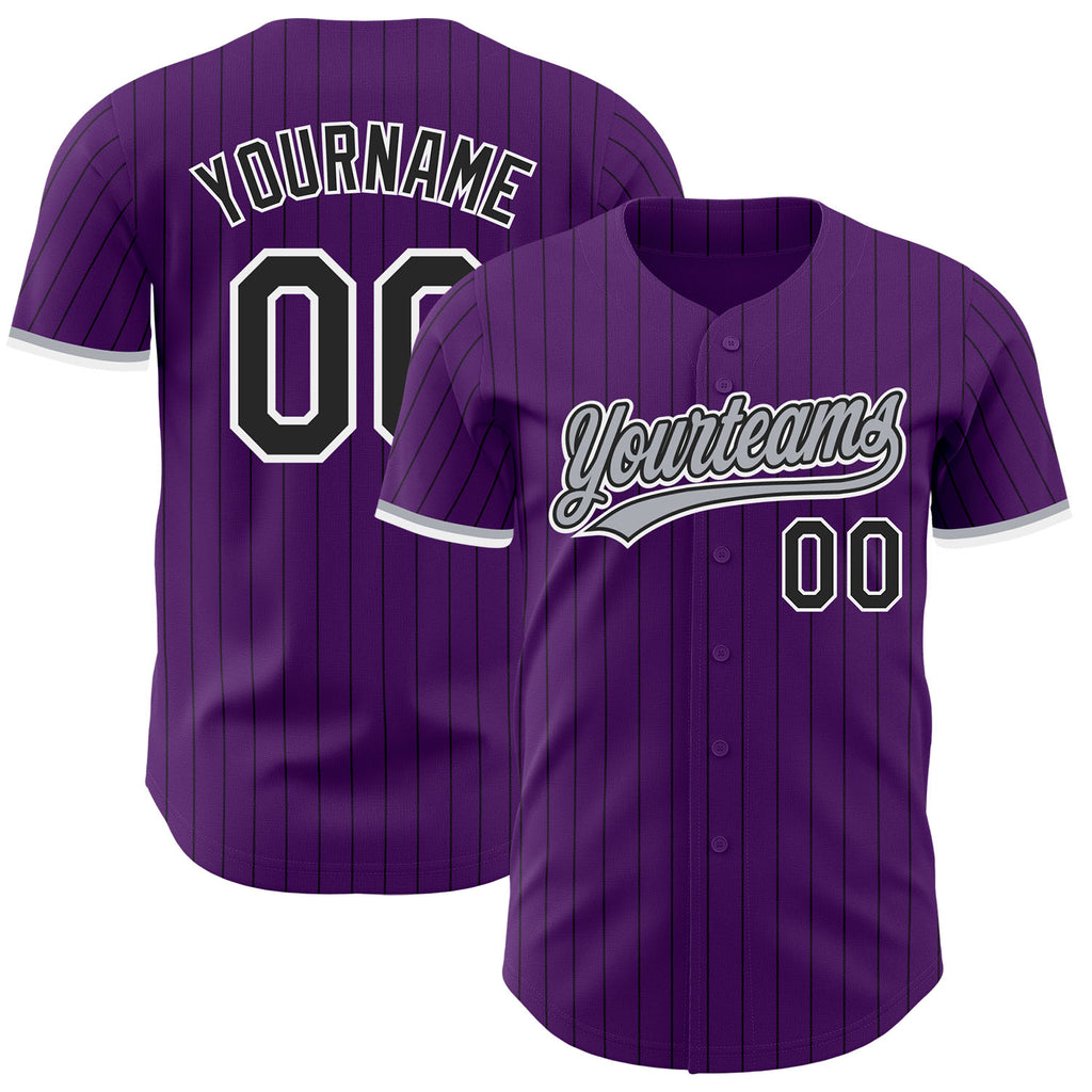 Custom Purple Black Pinstripe White-Gray Authentic Baseball Jersey