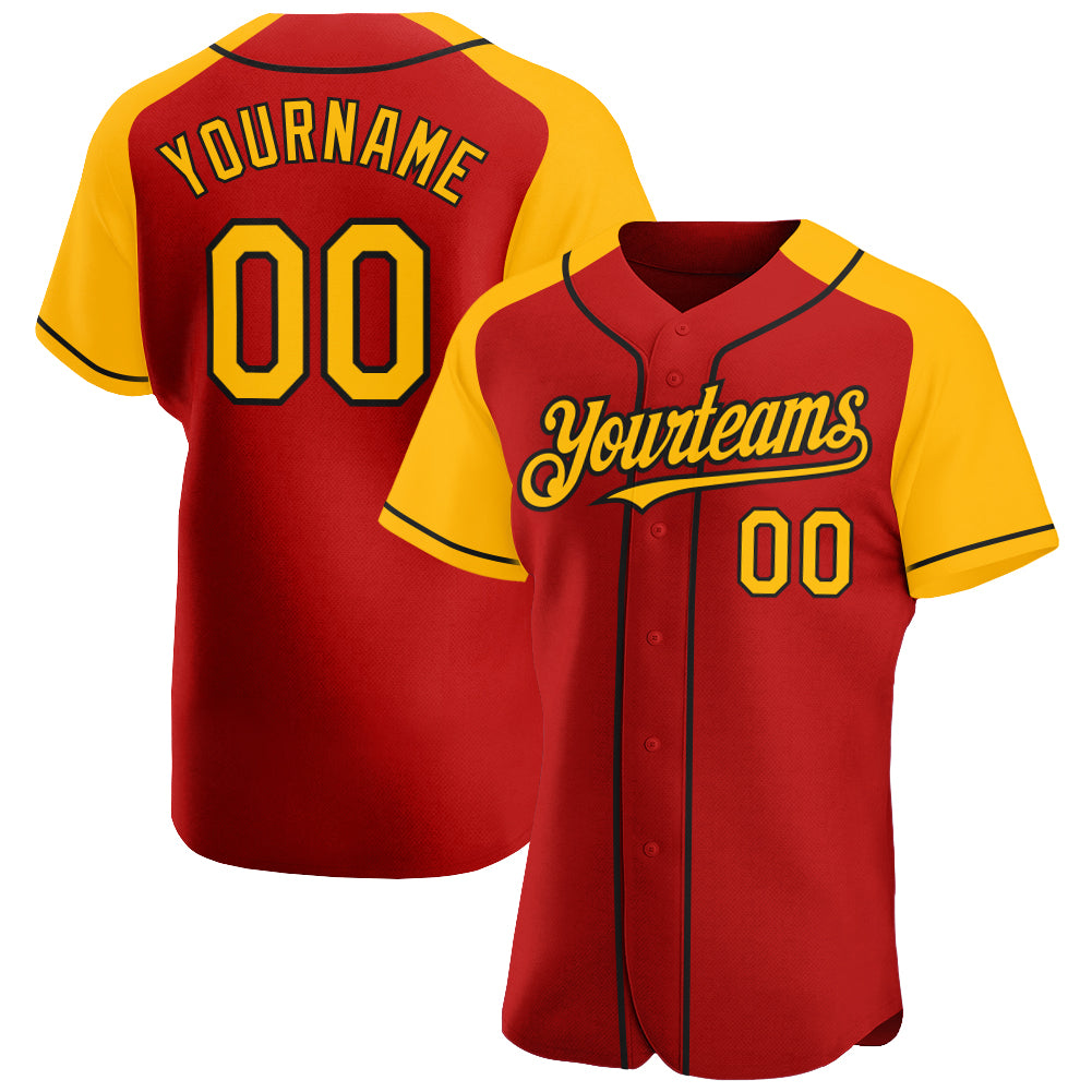 Custom Red Gold-Black Authentic Raglan Sleeves Baseball Jersey