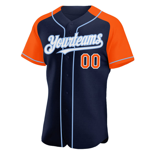 Custom Navy Orange-Light Blue Authentic Raglan Sleeves Baseball Jersey