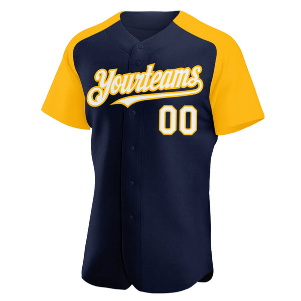 Custom Navy White-Gold Authentic Raglan Sleeves Baseball Jersey