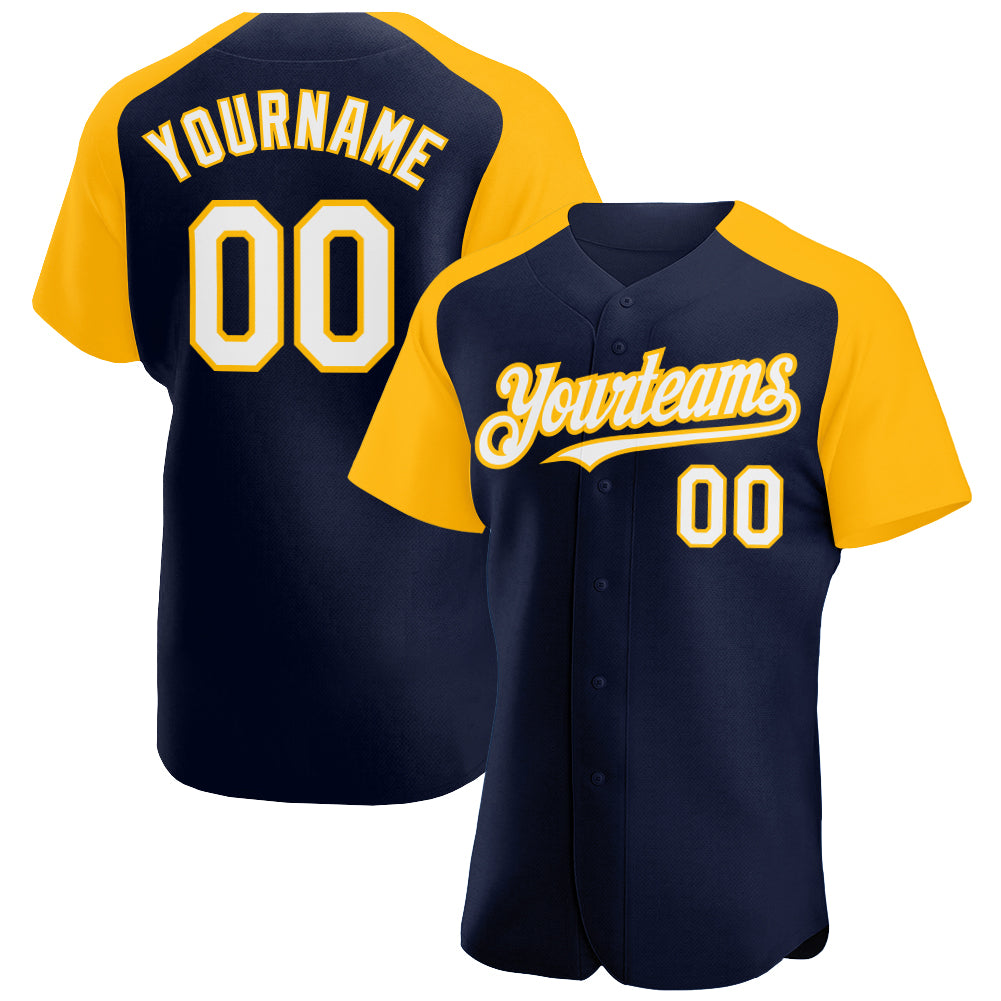 Custom Navy White-Gold Authentic Raglan Sleeves Baseball Jersey