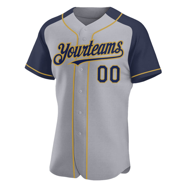 Custom Gray Navy-Old Gold Authentic Raglan Sleeves Baseball Jersey