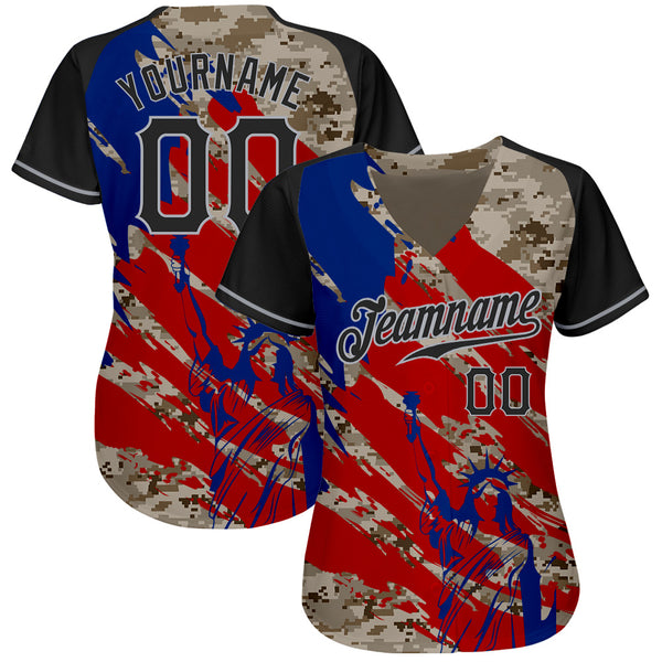 Custom Camo Black Red-Gray American Flag Statue Of Liberty Patriotic Splatter Raglan Sleeves Authentic Baseball Jersey