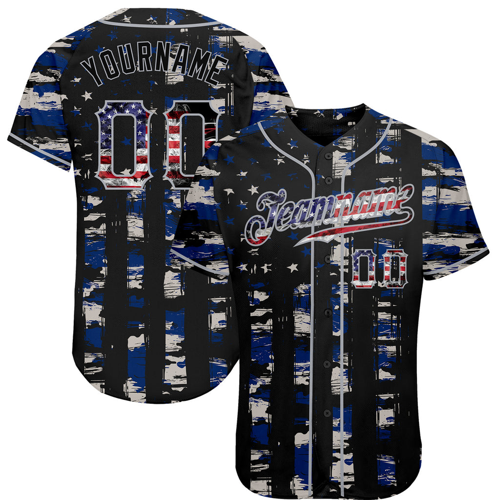 Custom Black USA Flag-Gray Distressed Grunge Patriotic Raglan Sleeves Authentic Baseball Jersey