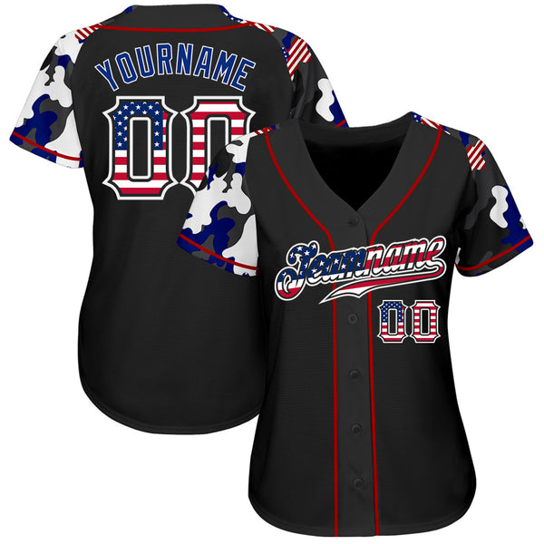 Custom Black USA Flag Red-White Patriotic Camo Raglan Sleeves Authentic Baseball Jersey