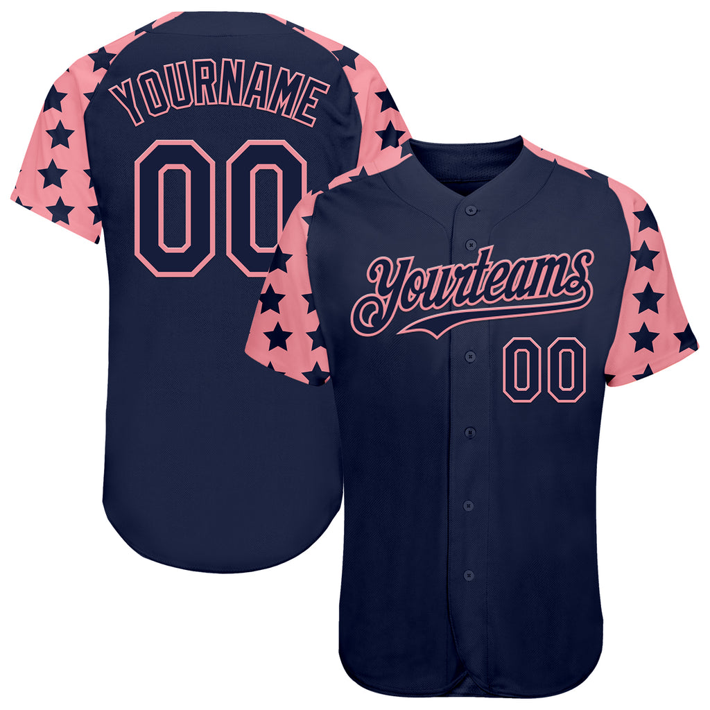 Custom Navy Medium Pink Star Raglan Sleeves Authentic Baseball Jersey