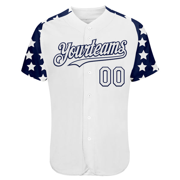 Custom White Navy Star Raglan Sleeves Authentic Baseball Jersey