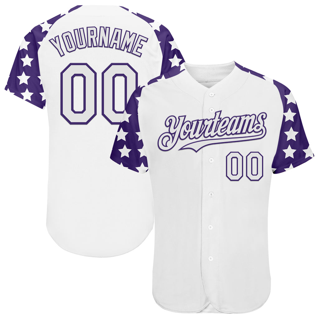 Custom White Purple Star Raglan Sleeves Authentic Baseball Jersey