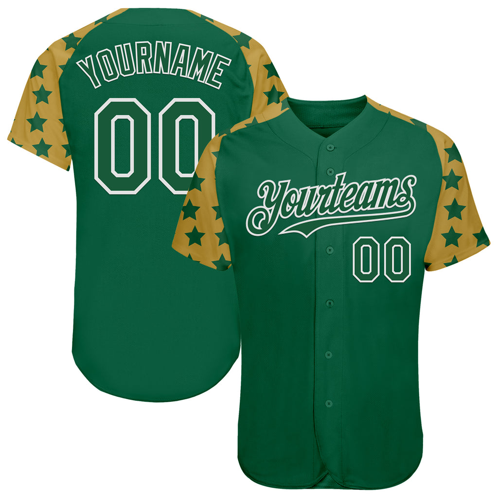Custom Green White-Old Gold Star Raglan Sleeves Authentic Baseball Jersey