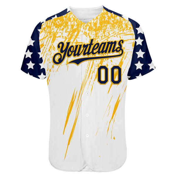 Custom White Navy-Gold Splatter Brush Stroke Star Raglan Sleeves Authentic Baseball Jersey