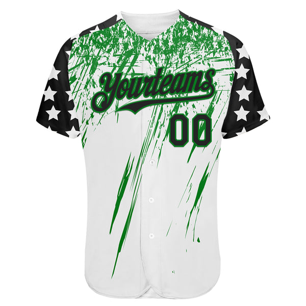 Custom White Black-Grass Green Splatter Brush Stroke Star Raglan Sleeves Authentic Baseball Jersey