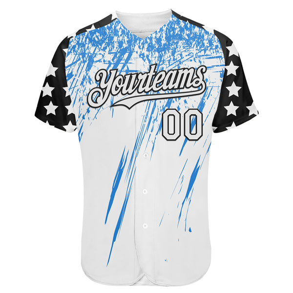 Custom White Black-Powder Blue Splatter Brush Stroke Star Raglan Sleeves Authentic Baseball Jersey