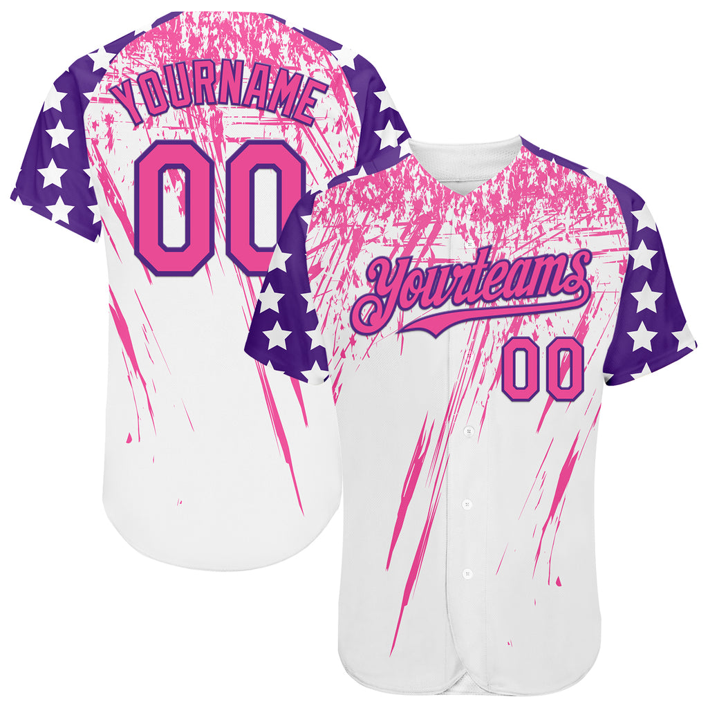 Custom White Pink-Purple Splatter Brush Stroke Star Raglan Sleeves Authentic Baseball Jersey