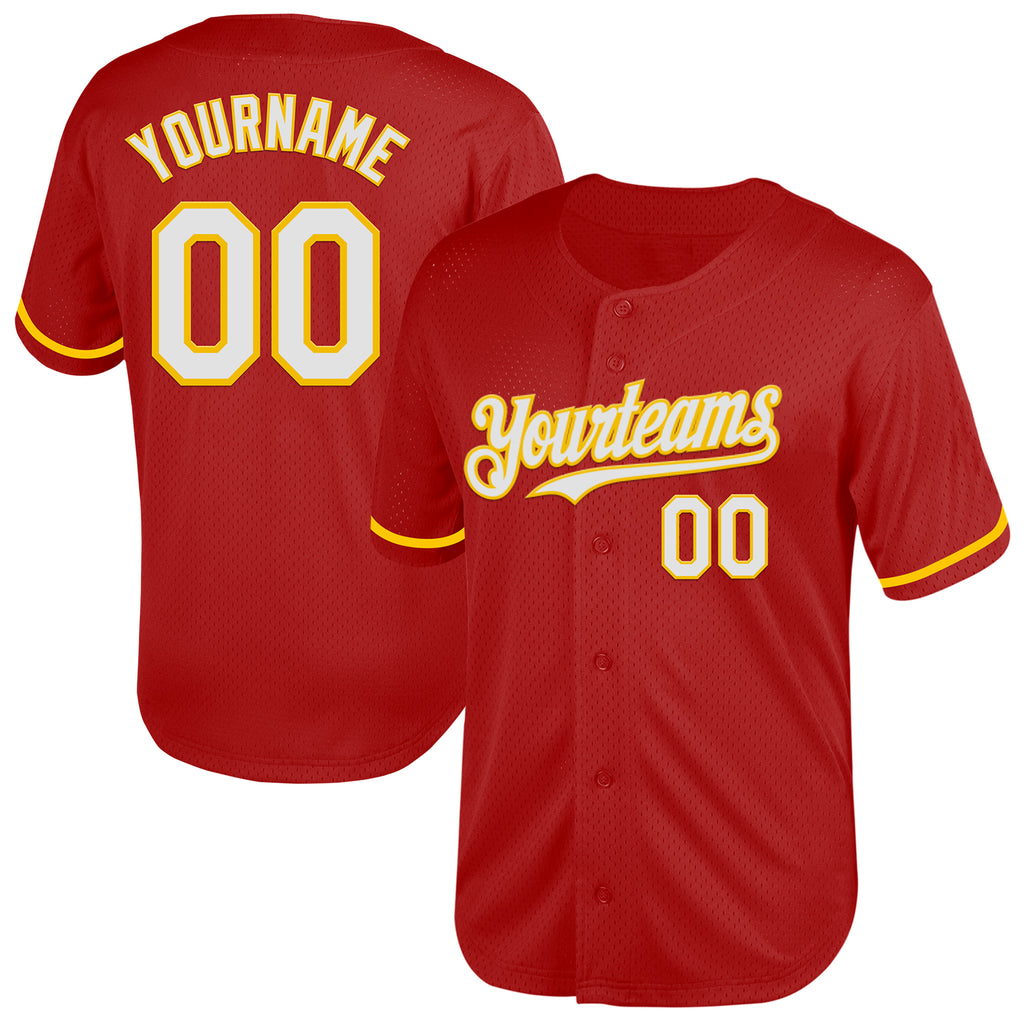 Custom Red White-Yellow Mesh Authentic Throwback Baseball Jersey