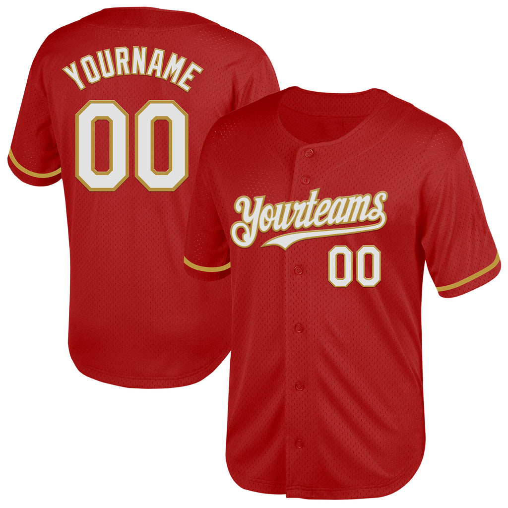 Custom Red White-Old Gold Mesh Authentic Throwback Baseball Jersey