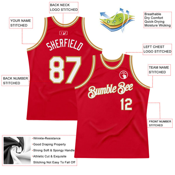 Custom Red White-Old Gold Authentic Throwback Basketball Jersey