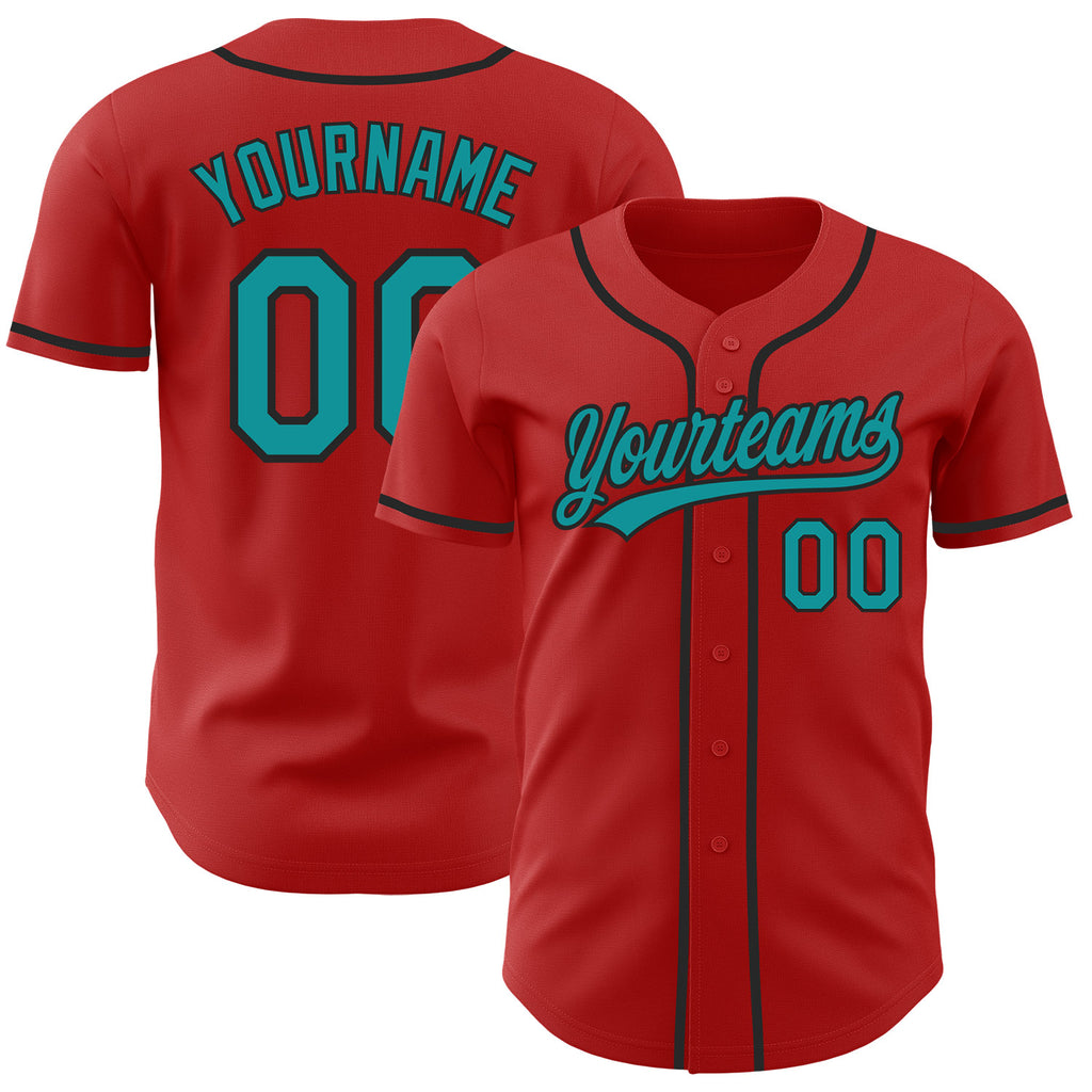 Custom Red Teal-Black Authentic Baseball Jersey