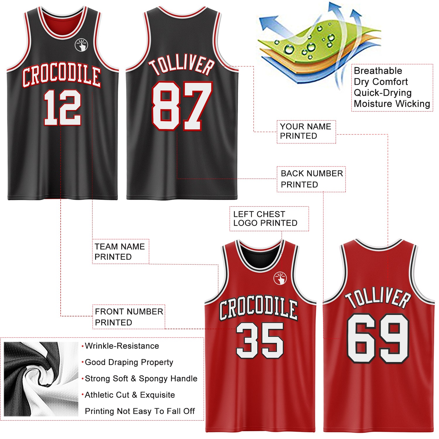 Custom Reversible Black White-Red Double Side Sublimation Basketball Suit Jersey