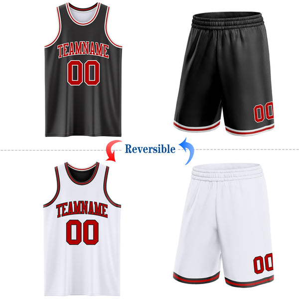 Custom Reversible Black Red-White Double Side Sublimation Basketball Suit Jersey