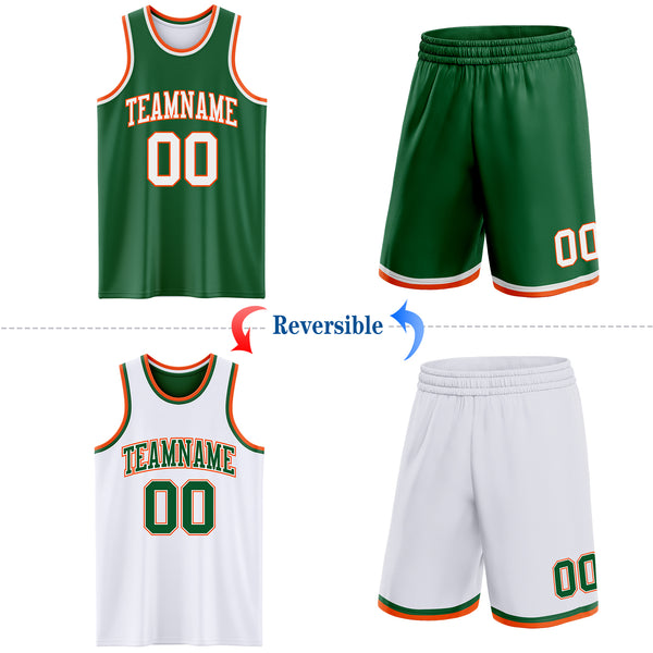 Custom Reversible Kelly Green White-Orange Double Side Sublimation Basketball Suit Jersey