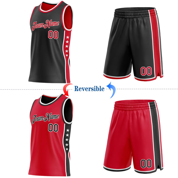 Custom Reversible Black Red-White Double Side Star Sublimation Basketball Suit Jersey