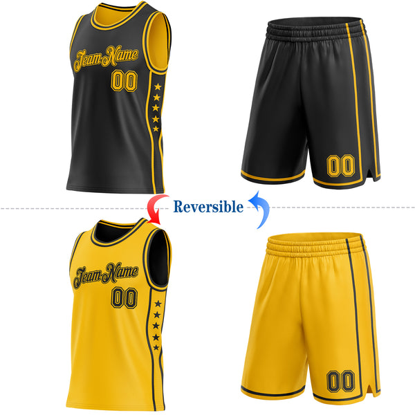 Custom Reversible Black Gold Double Side Star Sublimation Basketball Suit Jersey