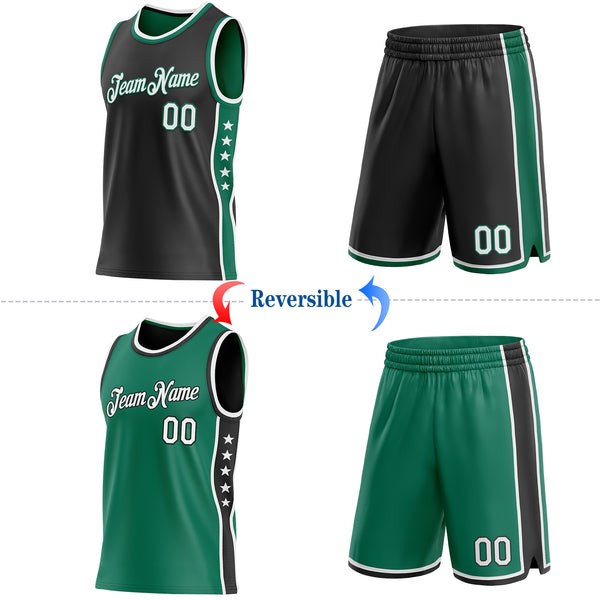 Custom Reversible Black White-Kelly Green Double Side Star Sublimation Basketball Suit Jersey