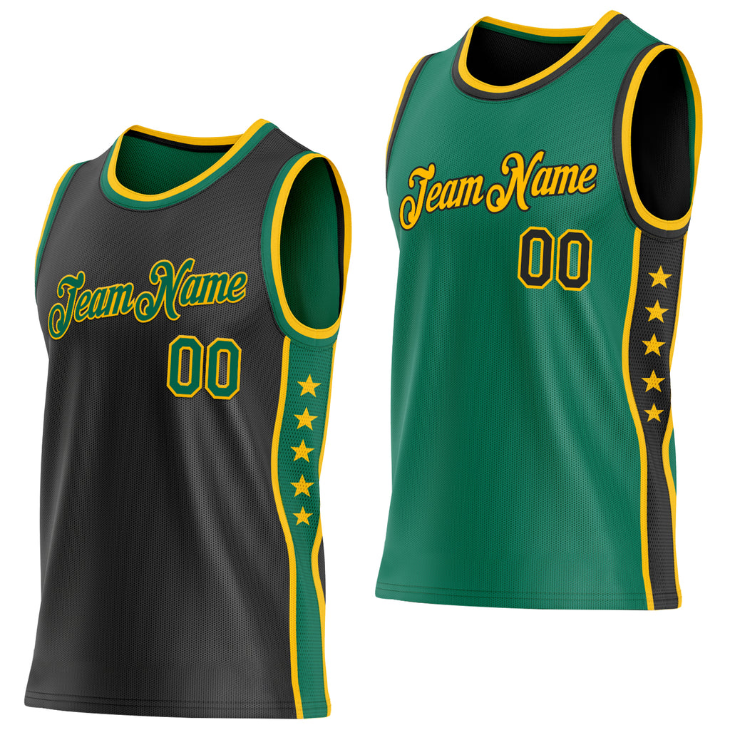 Custom Reversible Black Kelly Green-Gold Double Side Star Sublimation Basketball Suit Jersey