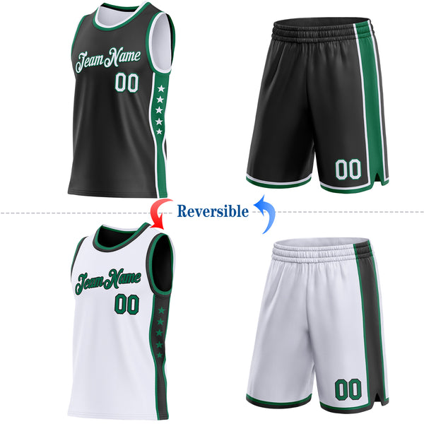 Custom Reversible Black White-Kelly Green Double Side Star Sublimation Basketball Suit Jersey