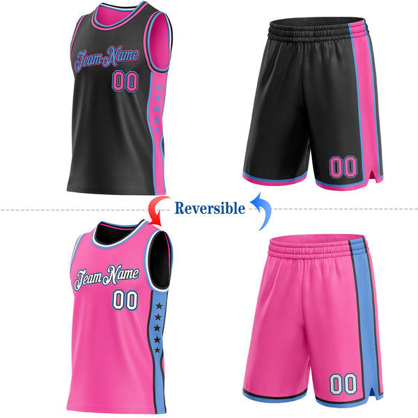 Custom Reversible Black Pink-Lakes Blue Double Side Star Sublimation Basketball Suit Jersey