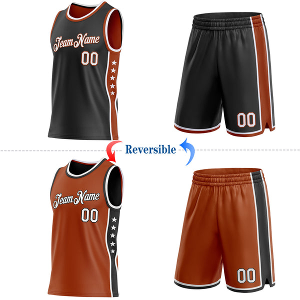 Custom Reversible Black White-Texas Orange Double Side Star Sublimation Basketball Suit Jersey
