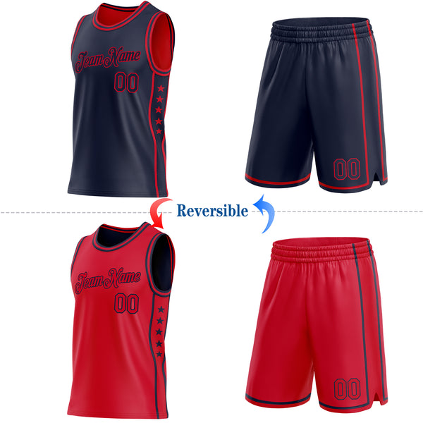 Custom Reversible Navy Red Double Side Star Sublimation Basketball Suit Jersey