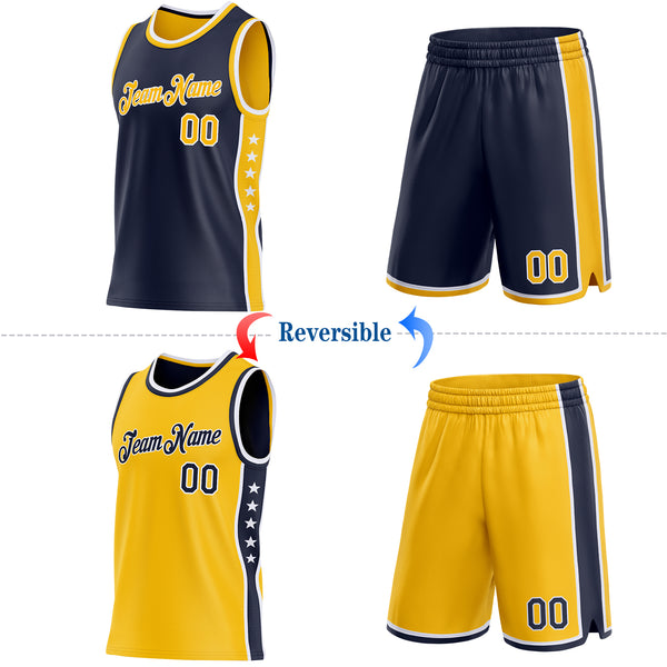 Custom Reversible Navy Gold-White Double Side Star Sublimation Basketball Suit Jersey