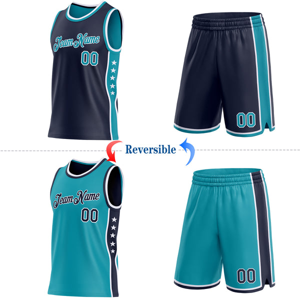 Custom Reversible Navy Teal-White Double Side Star Sublimation Basketball Suit Jersey