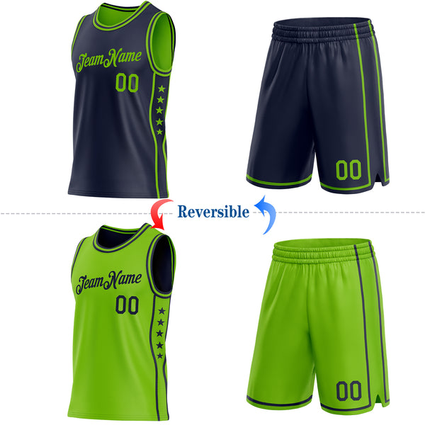 Custom Reversible Navy Neon Green Double Side Star Sublimation Basketball Suit Jersey