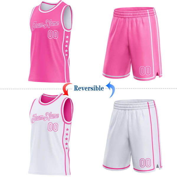 Custom Reversible Pink White Double Side Star Sublimation Basketball Suit Jersey