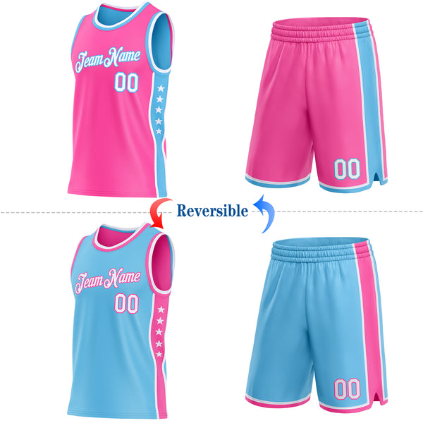 Custom Reversible Pink White-Sky Blue Double Side Star Sublimation Basketball Suit Jersey