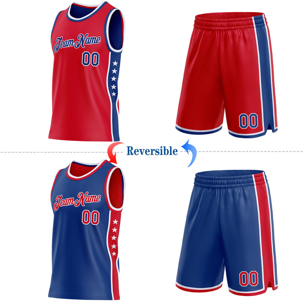 Custom Reversible Red Royal-White Double Side Star Sublimation Basketball Suit Jersey