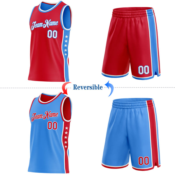 Custom Reversible Red White-Powder Blue Double Side Star Sublimation Basketball Suit Jersey