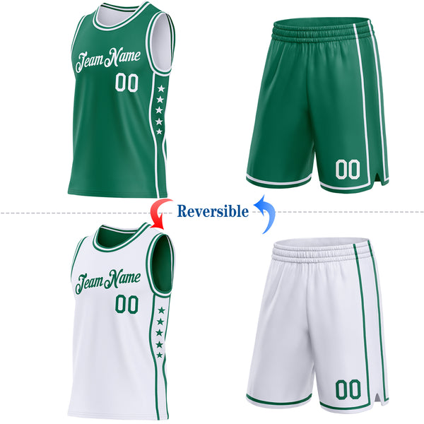 Custom Reversible Kelly Green White Double Side Star Sublimation Basketball Suit Jersey