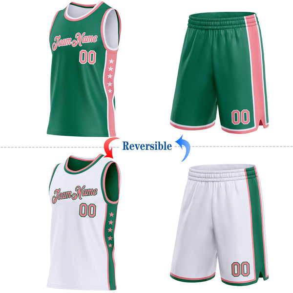 Custom Reversible Kelly Green Medium Pink-White Double Side Star Sublimation Basketball Suit Jersey
