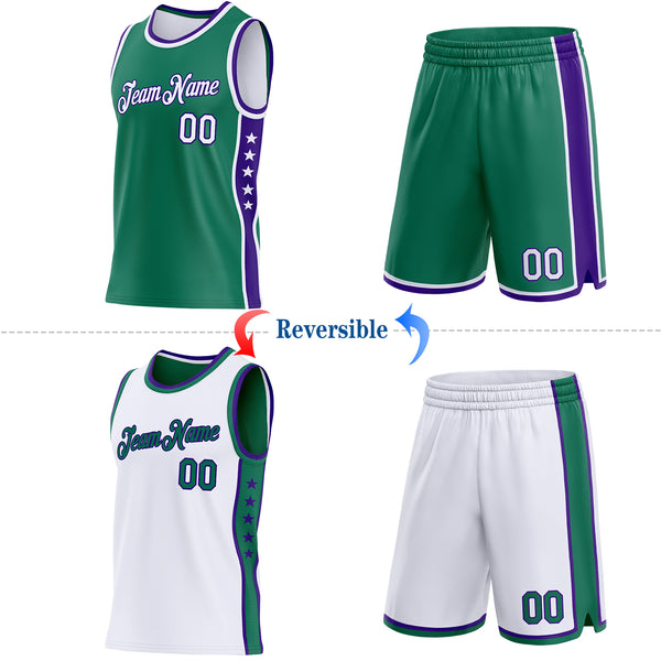 Custom Reversible Kelly Green White-Purple Double Side Star Sublimation Basketball Suit Jersey