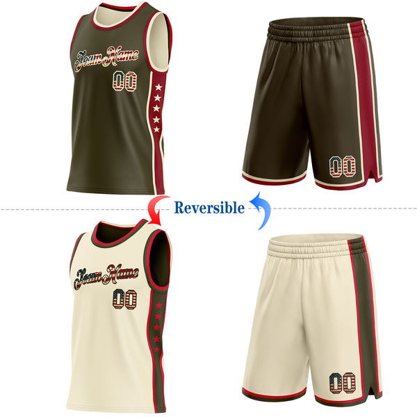 Custom Reversible Olive Vintage USA Flag-Cream Double Side Star Sublimation Basketball Suit Jersey