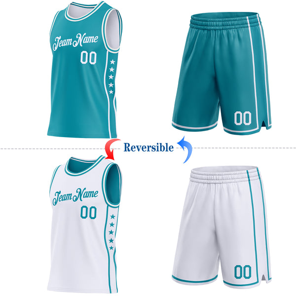 Custom Reversible Teal White Double Side Star Sublimation Basketball Suit Jersey
