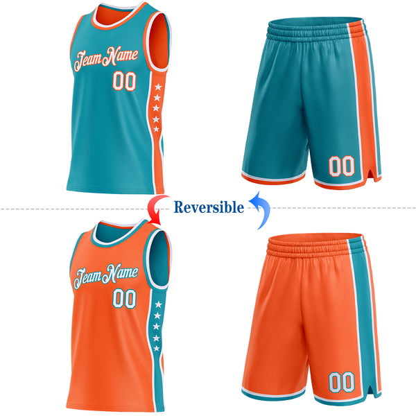 Custom Reversible Teal White-Orange Double Side Star Sublimation Basketball Suit Jersey