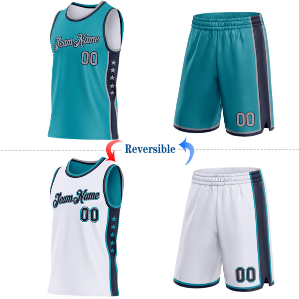 Custom Reversible Teal Gray-Navy Double Side Star Sublimation Basketball Suit Jersey