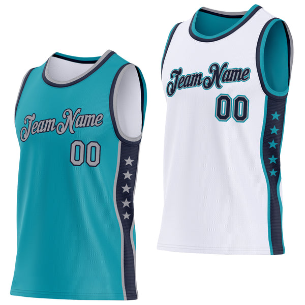 Custom Reversible Teal Gray-Navy Double Side Star Sublimation Basketball Suit Jersey