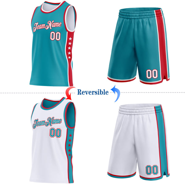 Custom Reversible Teal White-Red Double Side Star Sublimation Basketball Suit Jersey