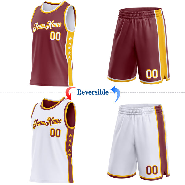 Custom Reversible Burgundy White-Gold Double Side Star Sublimation Basketball Suit Jersey